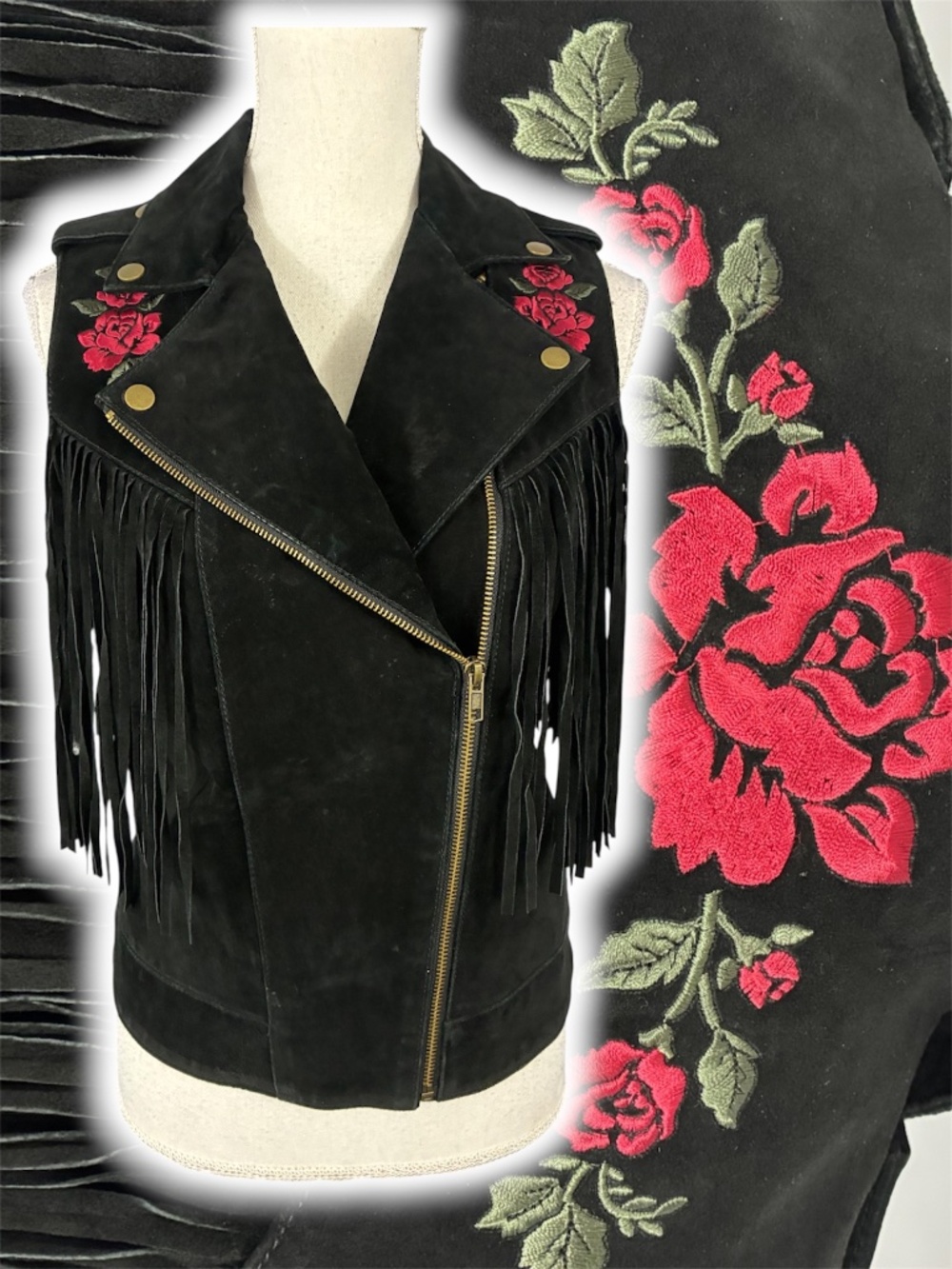 Genuine Suede Fringe Moto Vest S Black Rose Floral Embroidered Festival Moto Y2K